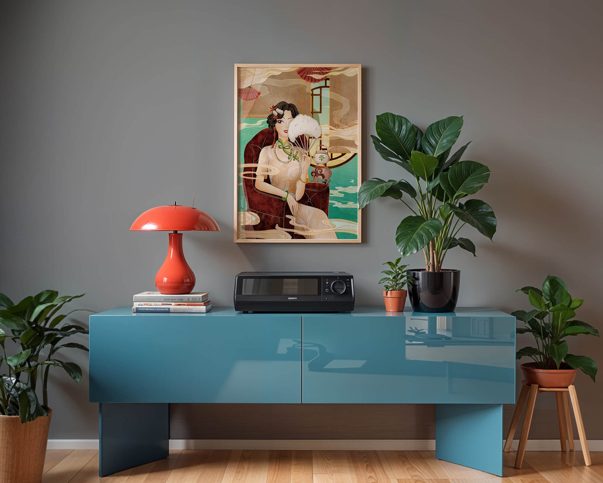 Elegant vintage Asian-inspired artwork featuring a woman with a fan
