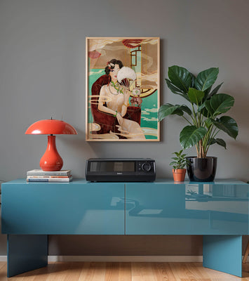 Elegant vintage Asian-inspired artwork featuring a woman with a fan
