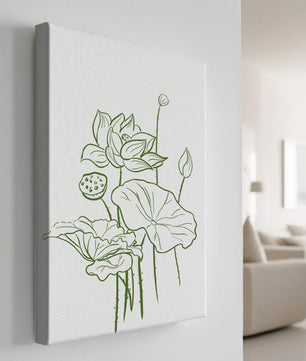 Botanische Illustration einer Lotusblume mit grüner Strichzeichnung auf weißem Hintergrund