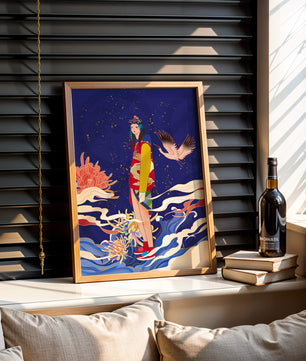 Fusion élégante d’art traditionnel et moderne avec des éléments floraux et aviaires