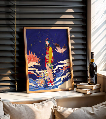 Elegant fusion of traditional and modern art with floral and avian elements