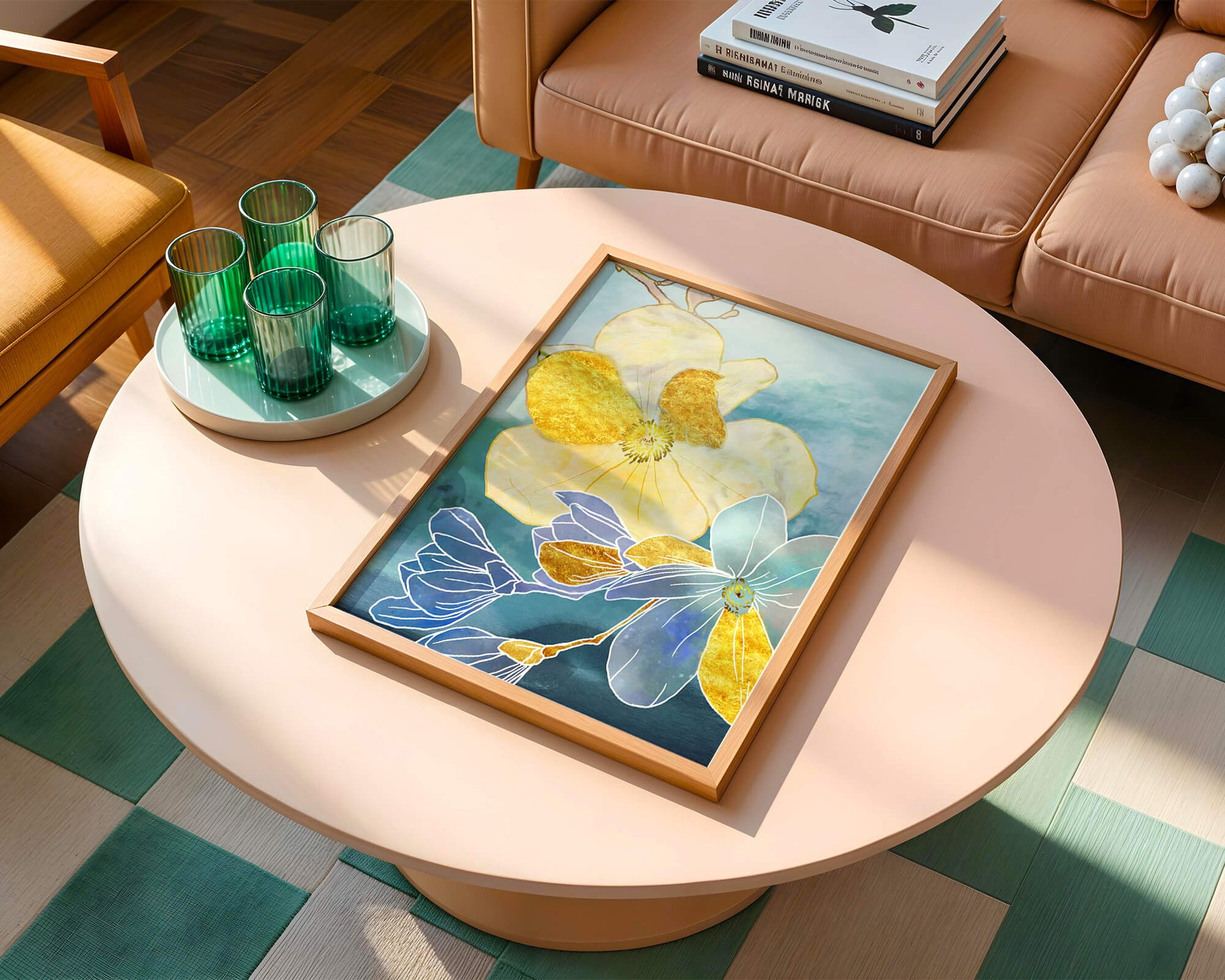 Arte floral abstracto con acentos dorados sobre fondo azul