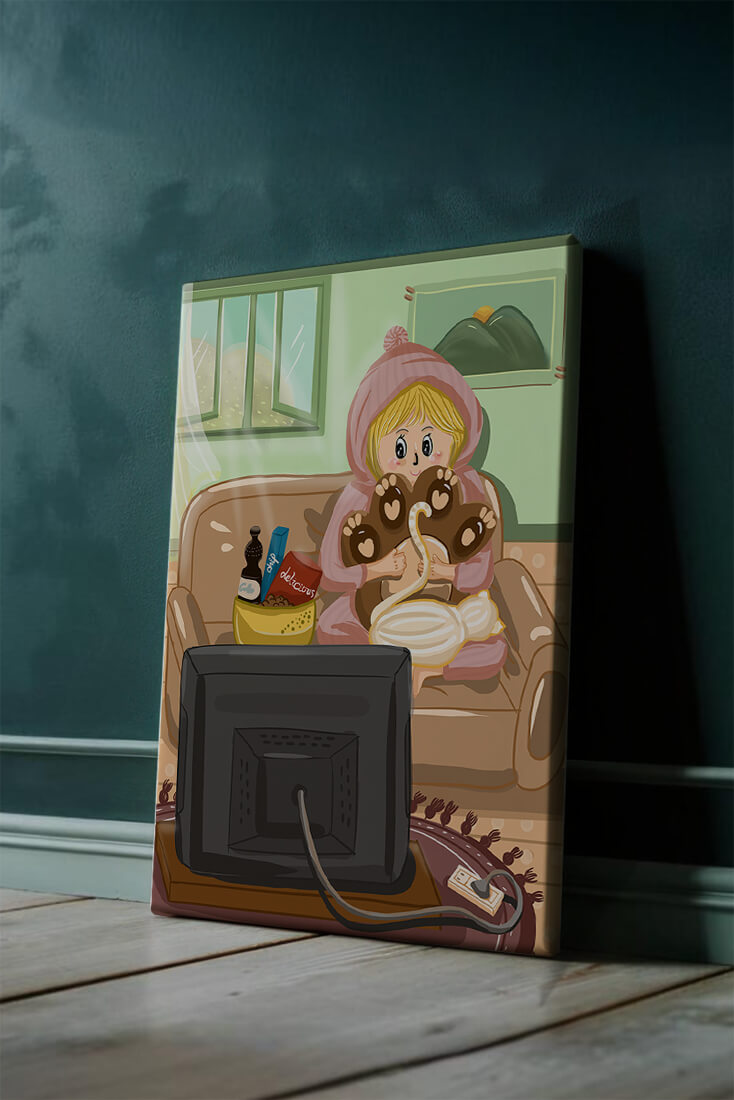 Cozy cartoon scene: person with cat and snacks on a sofa