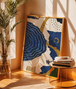 Abstract blue and gold textured artwork with wave patterns