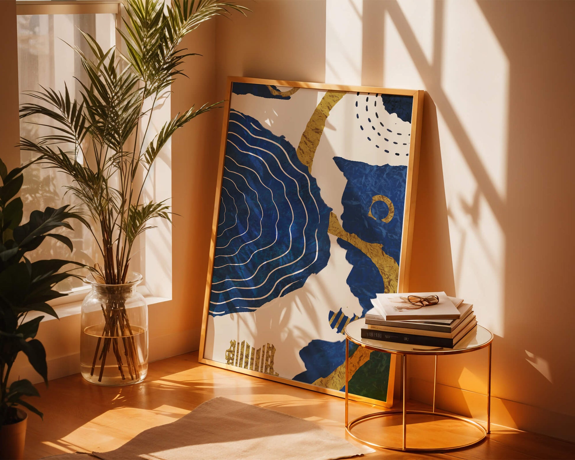 Abstract blue and gold textured artwork with wave patterns
