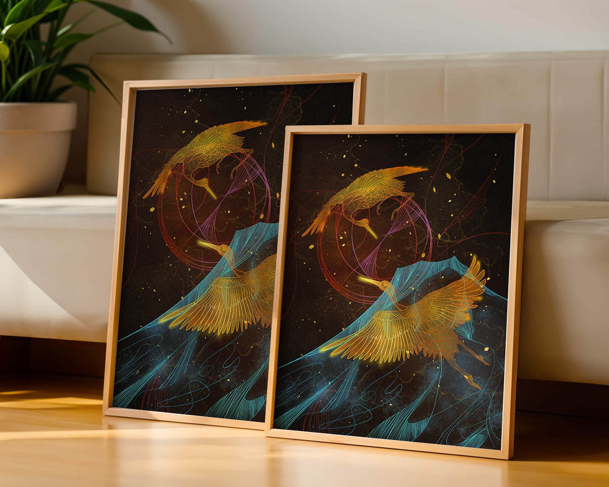 Elegant Cranes in Cosmic Dance with Golden and Blue Accents