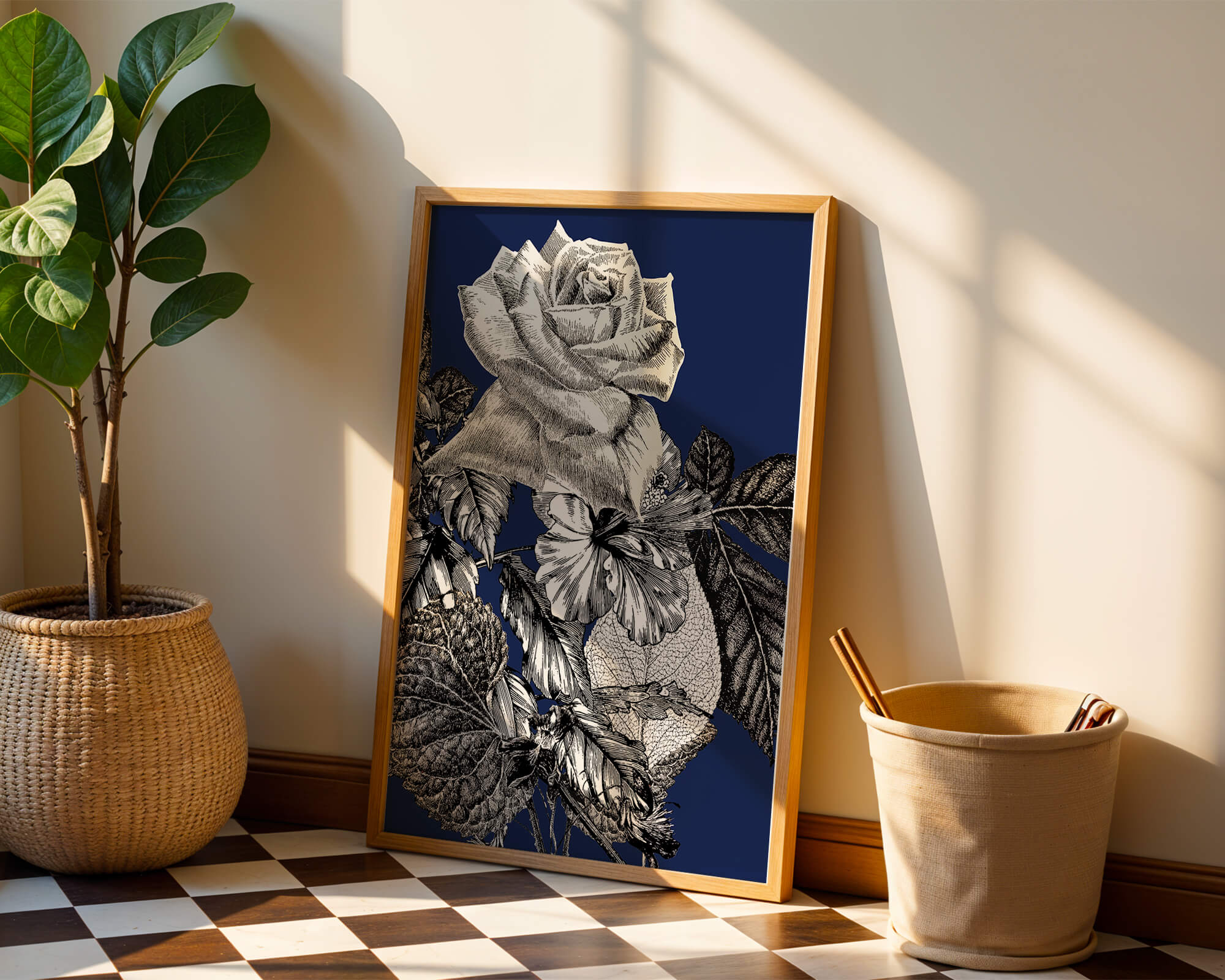 Intricate botanical illustration of roses and foliage on a deep blue background