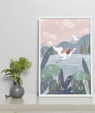 Whimsical landscape with flying birds and pink sky