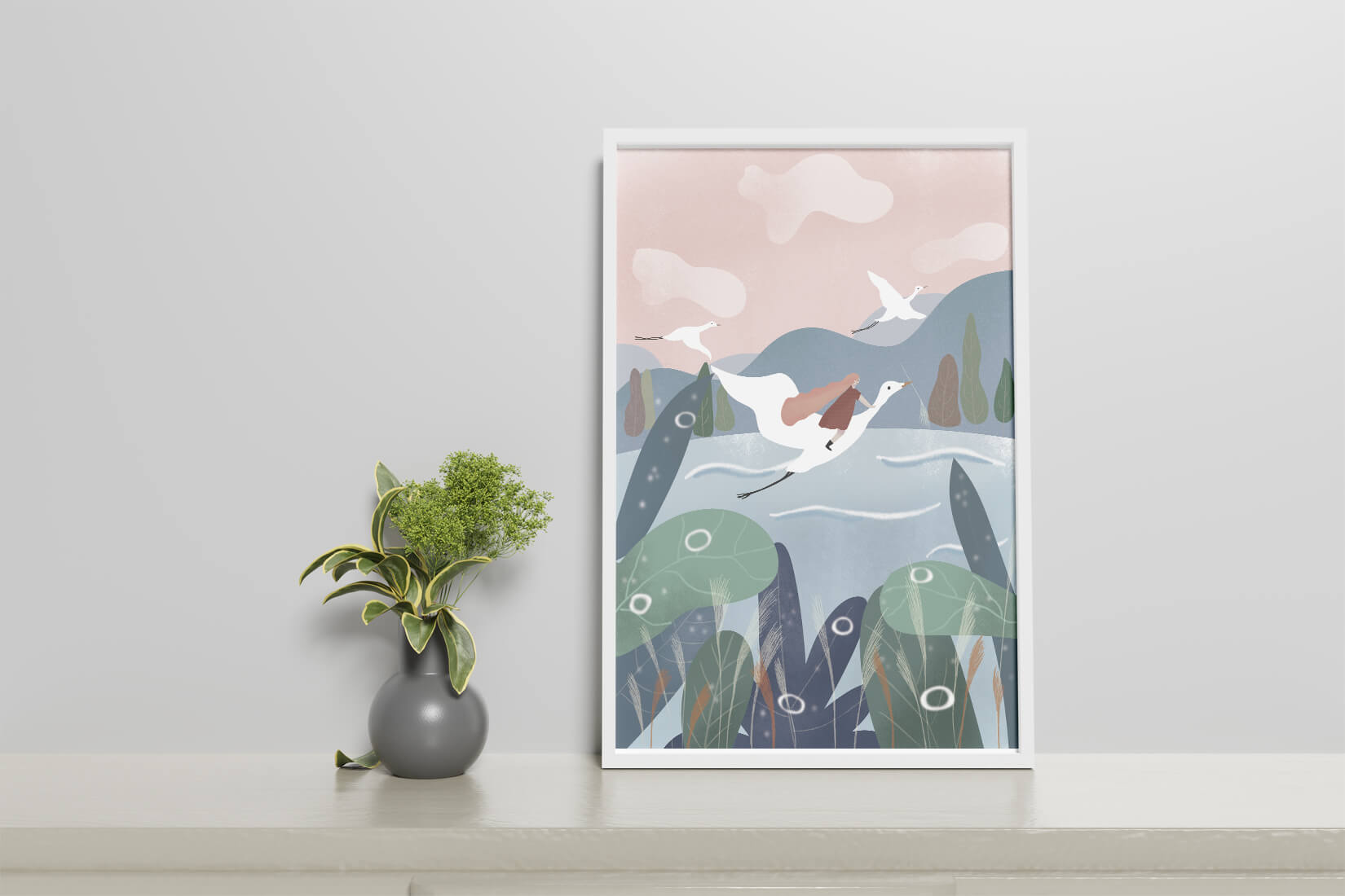 Whimsical landscape with flying birds and pink sky