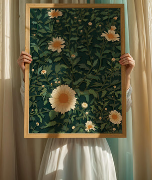 Floral pattern with daisies on a dark green background