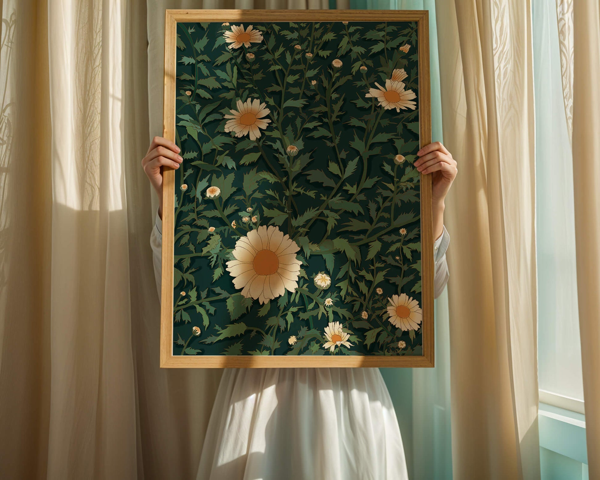 Floral pattern with daisies on a dark green background