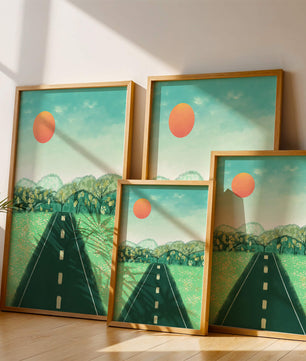 Serene Landscape with Road Leading to Sunset and Lush Greenery