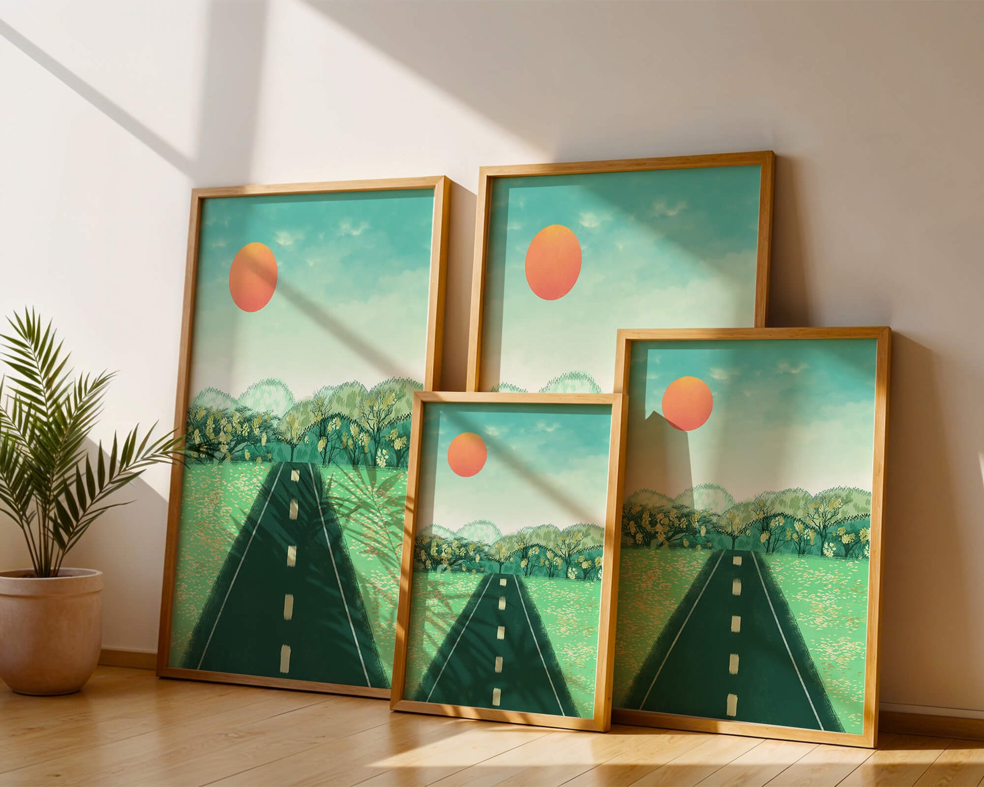 Serene Landscape with Road Leading to Sunset and Lush Greenery