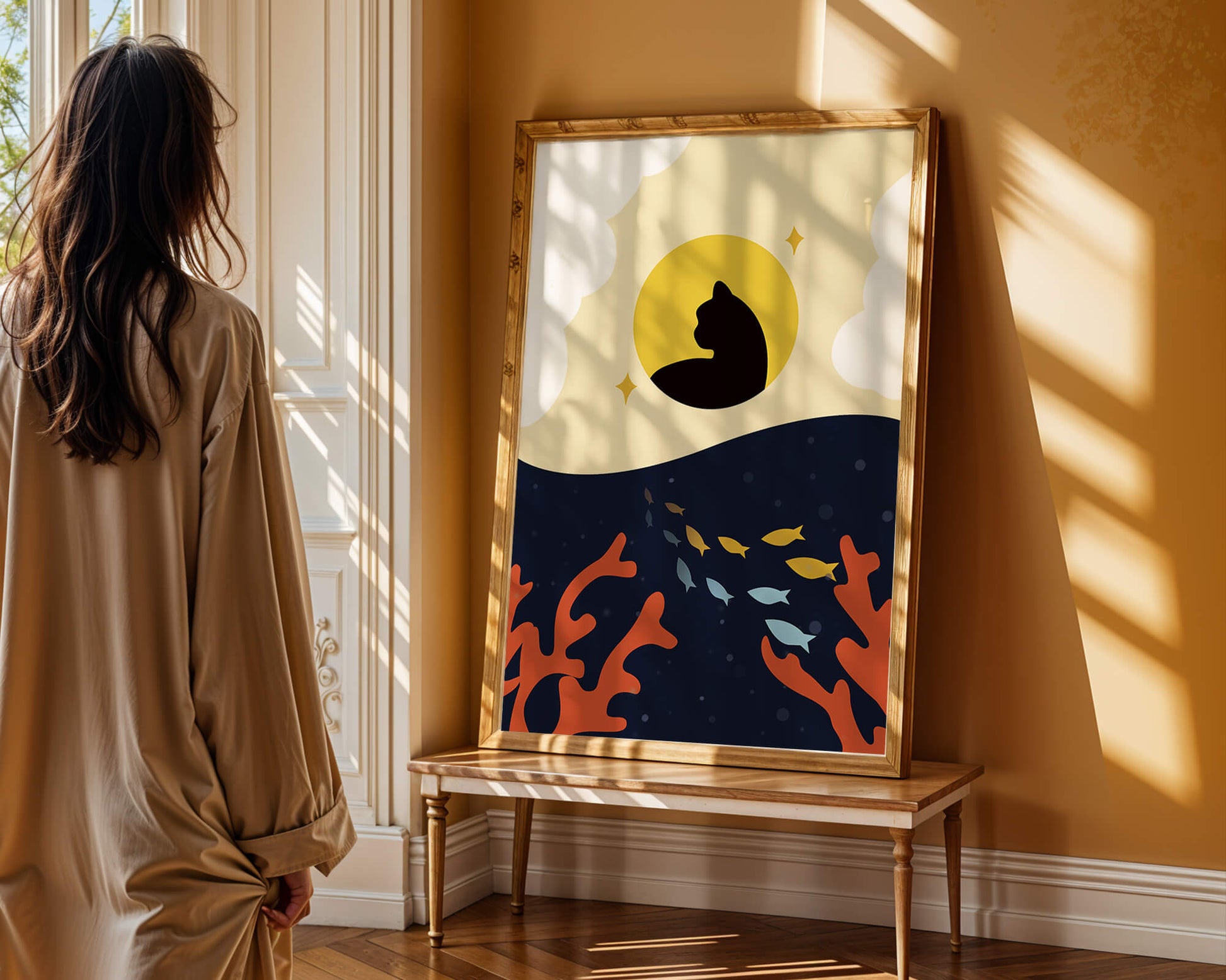 Ruhiges abstraktes Design mit Katzensilhouette und lebendiger Unterwasserszene