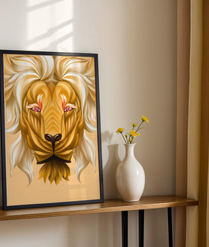 Lion Face with Intricate Golden Pattern and Flowing Mane