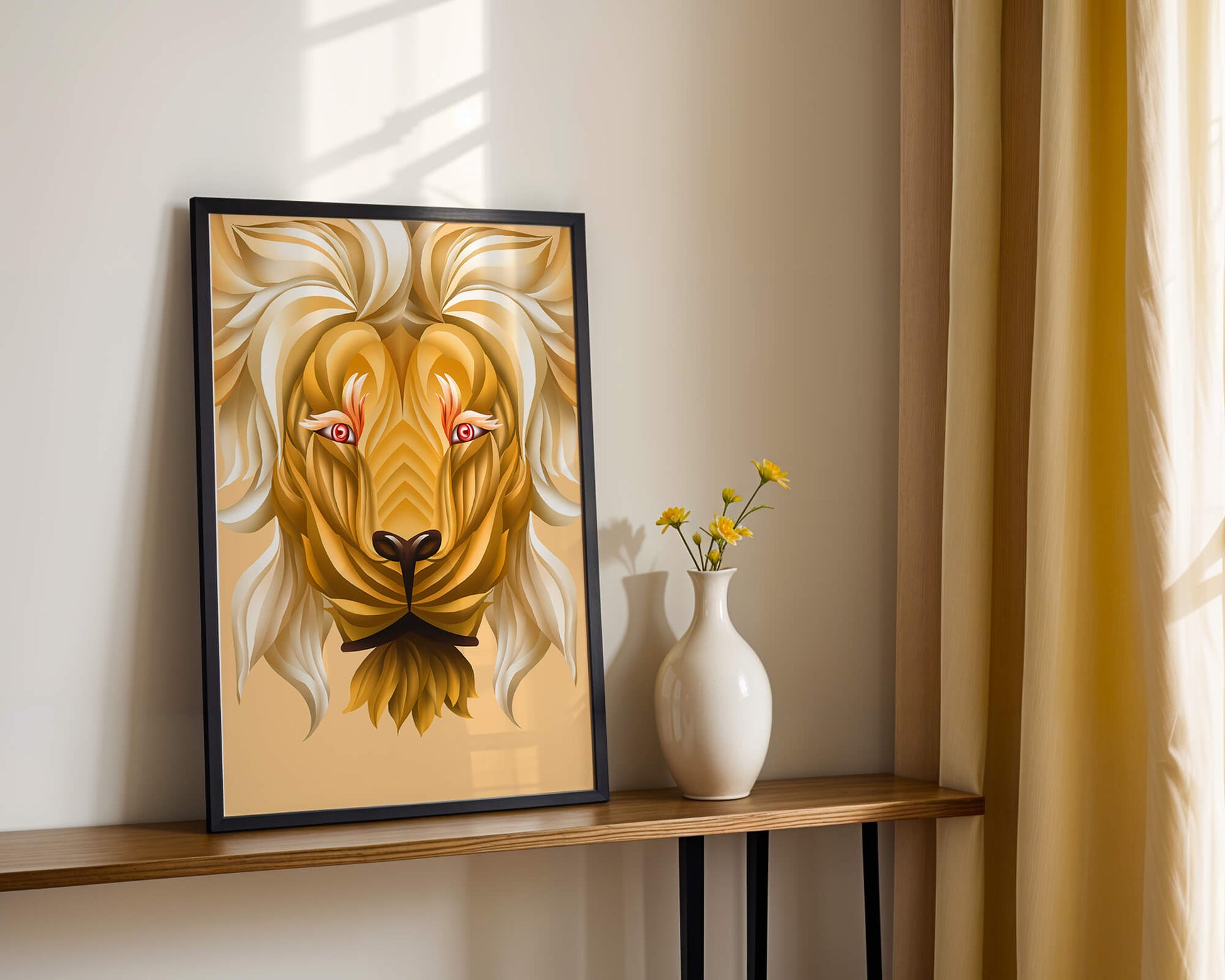 Lion Face with Intricate Golden Pattern and Flowing Mane