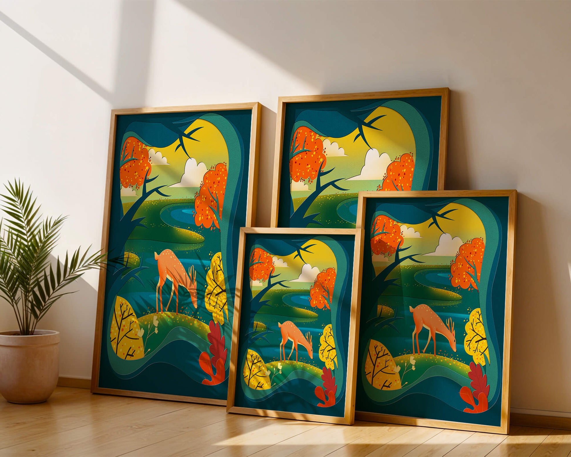 Deer in autumnal forest landscape with vibrant foliage
