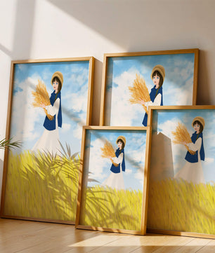 Young girl in a wheat field on a sunny day illustration