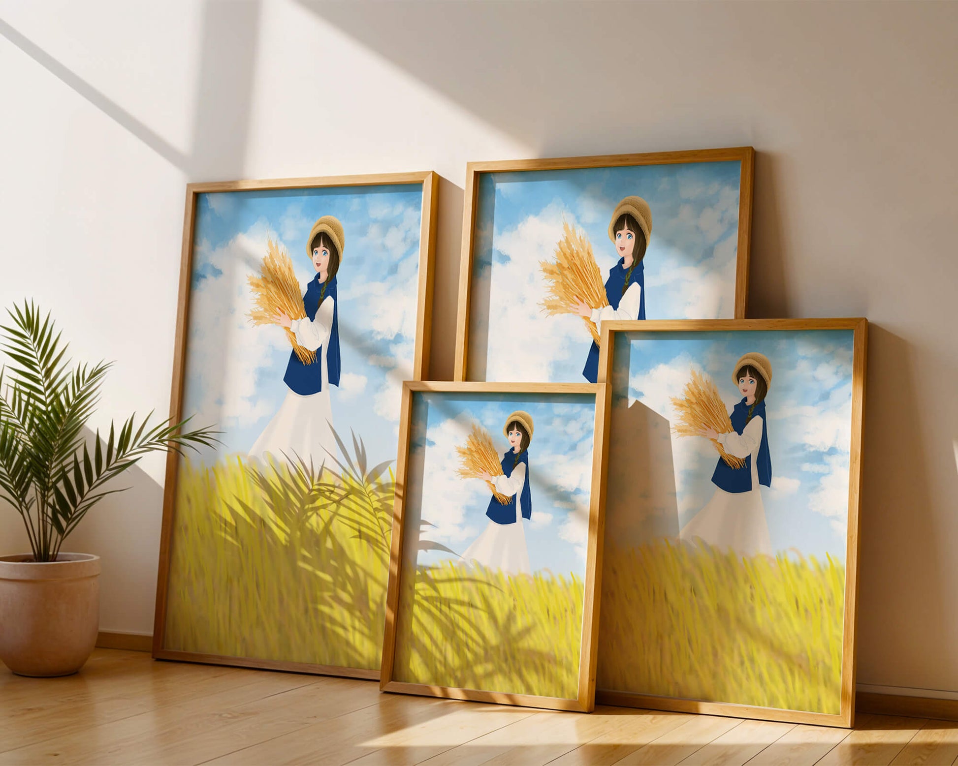 Young girl in a wheat field on a sunny day illustration