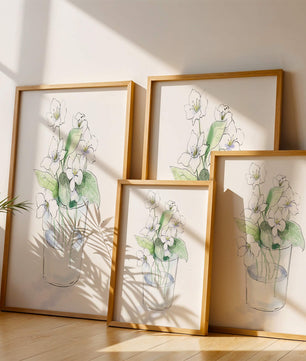 Delicadas flores blancas en una ilustración de jarrón de cristal