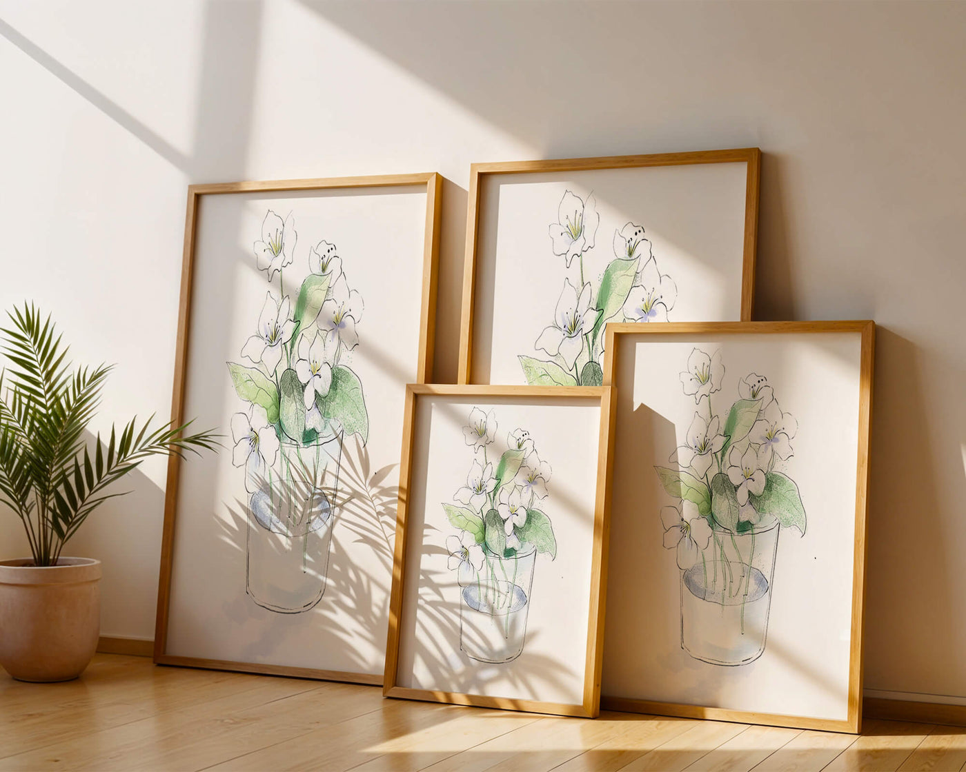Delicate white flowers in a glass vase illustration