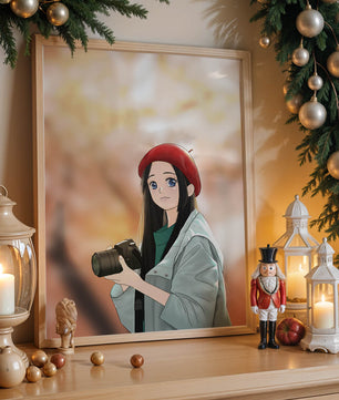 Chica de anime con boina roja sosteniendo una cámara durante el otoño