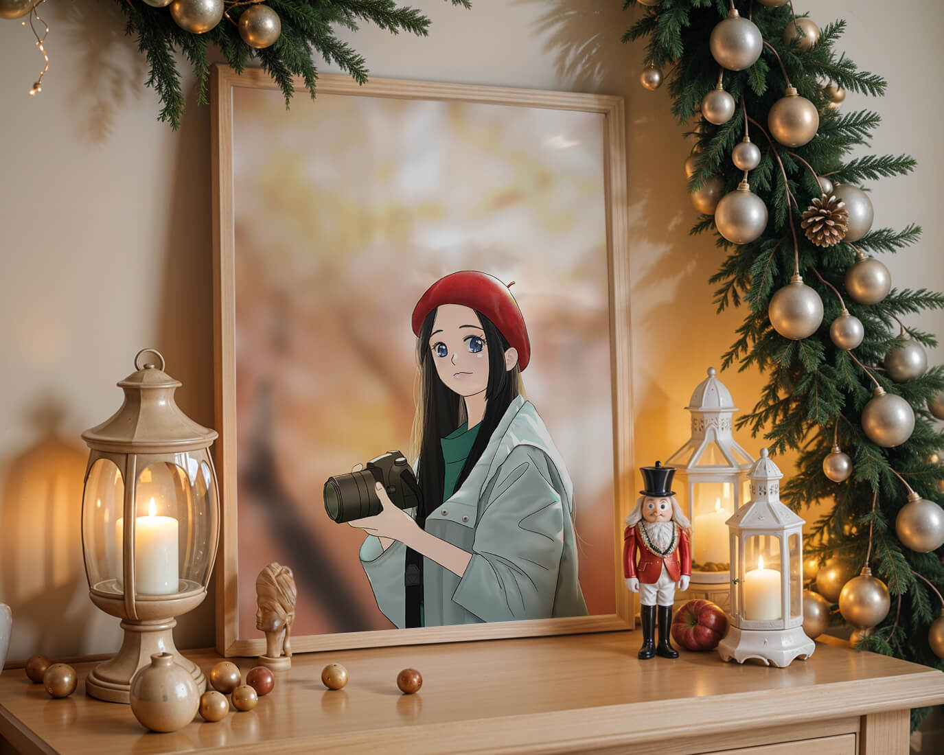 Anime girl in red beret holding camera during autumn
