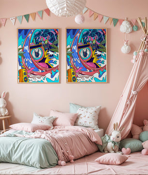 Vibrant abstract art with waves and neon elements