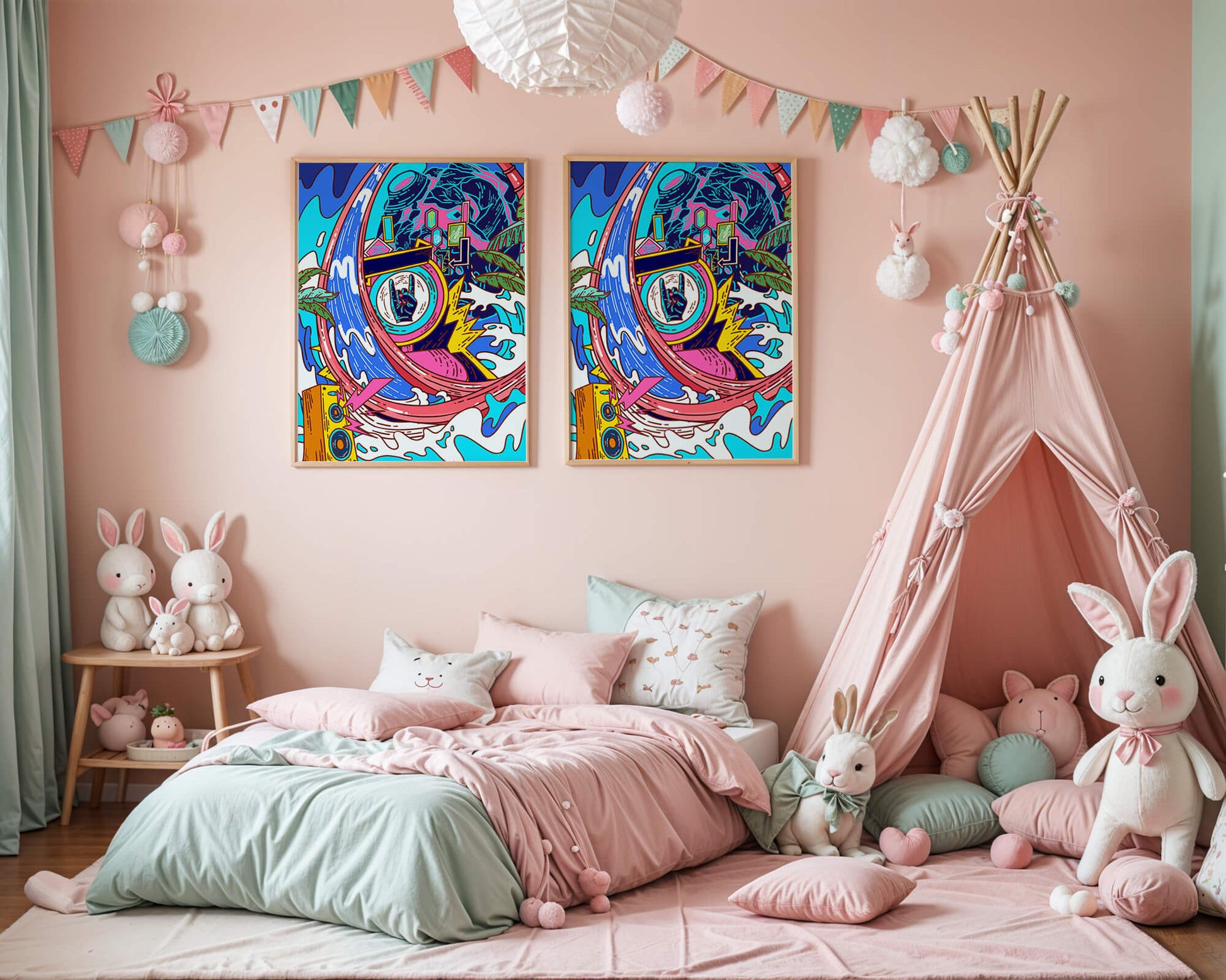 Vibrant abstract art with waves and neon elements