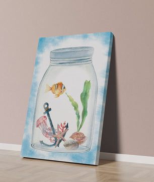 Watercolor illustration of marine life in a jar with a clownfish