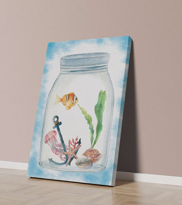 Watercolor illustration of marine life in a jar with a clownfish