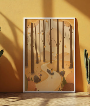 Serene autumn forest with river and boat in digital art scene