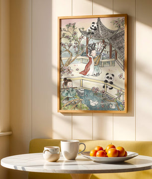 Tranquil Asian Garden Scene with Pandas and Blossoms