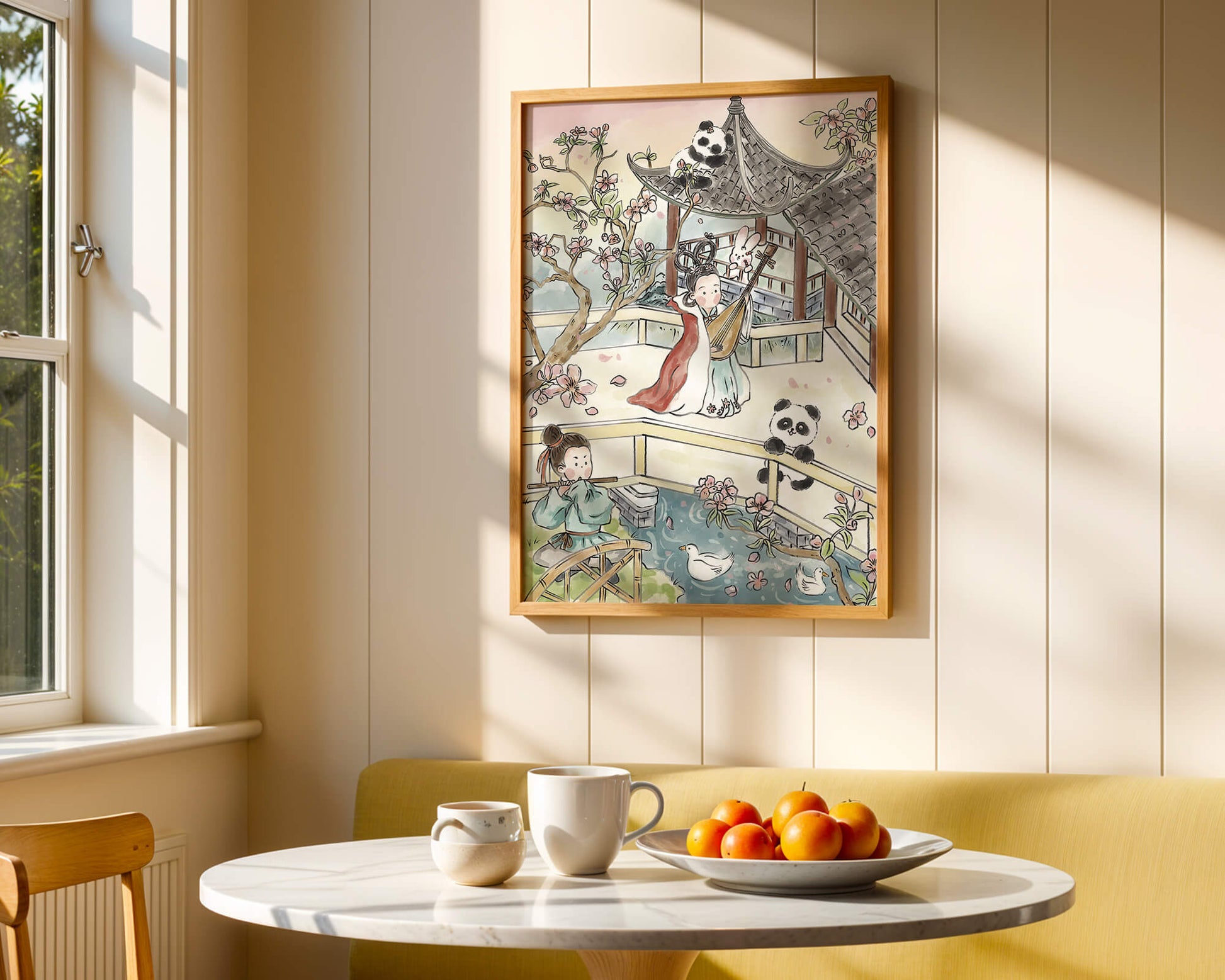 Escena tranquila de jardín asiático con pandas y flores