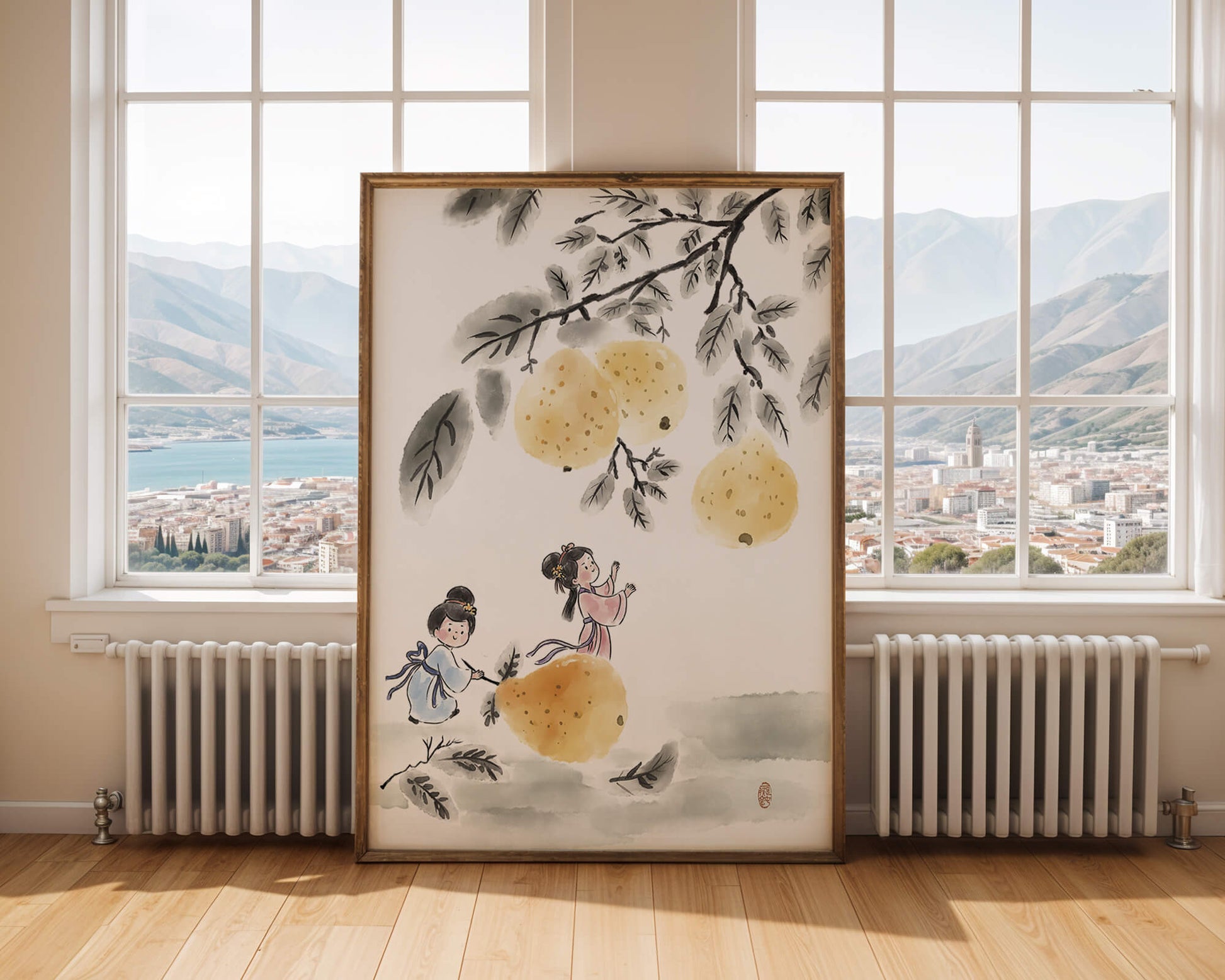 Ilustración encantadora de niños en vestimenta tradicional recolectando peras