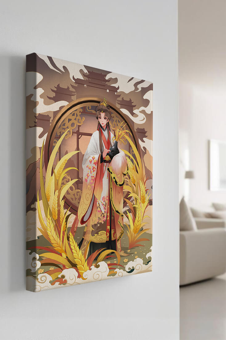 Elegant woman in traditional attire amidst golden wheat field and oriental architecture