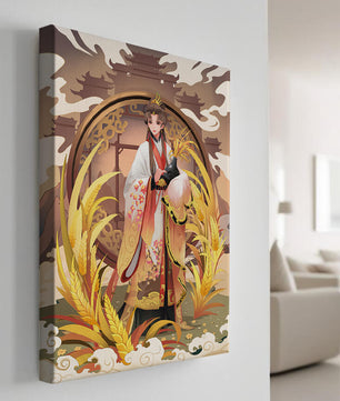 Elegant woman in traditional attire amidst golden wheat field and oriental architecture