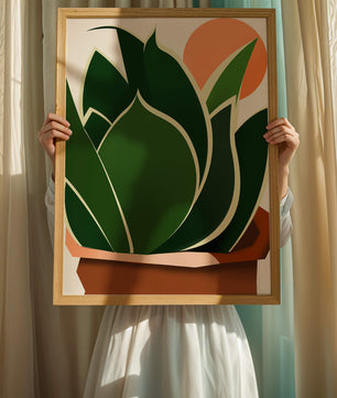 Ilustración contemporánea de una planta serpiente con fondo de amanecer