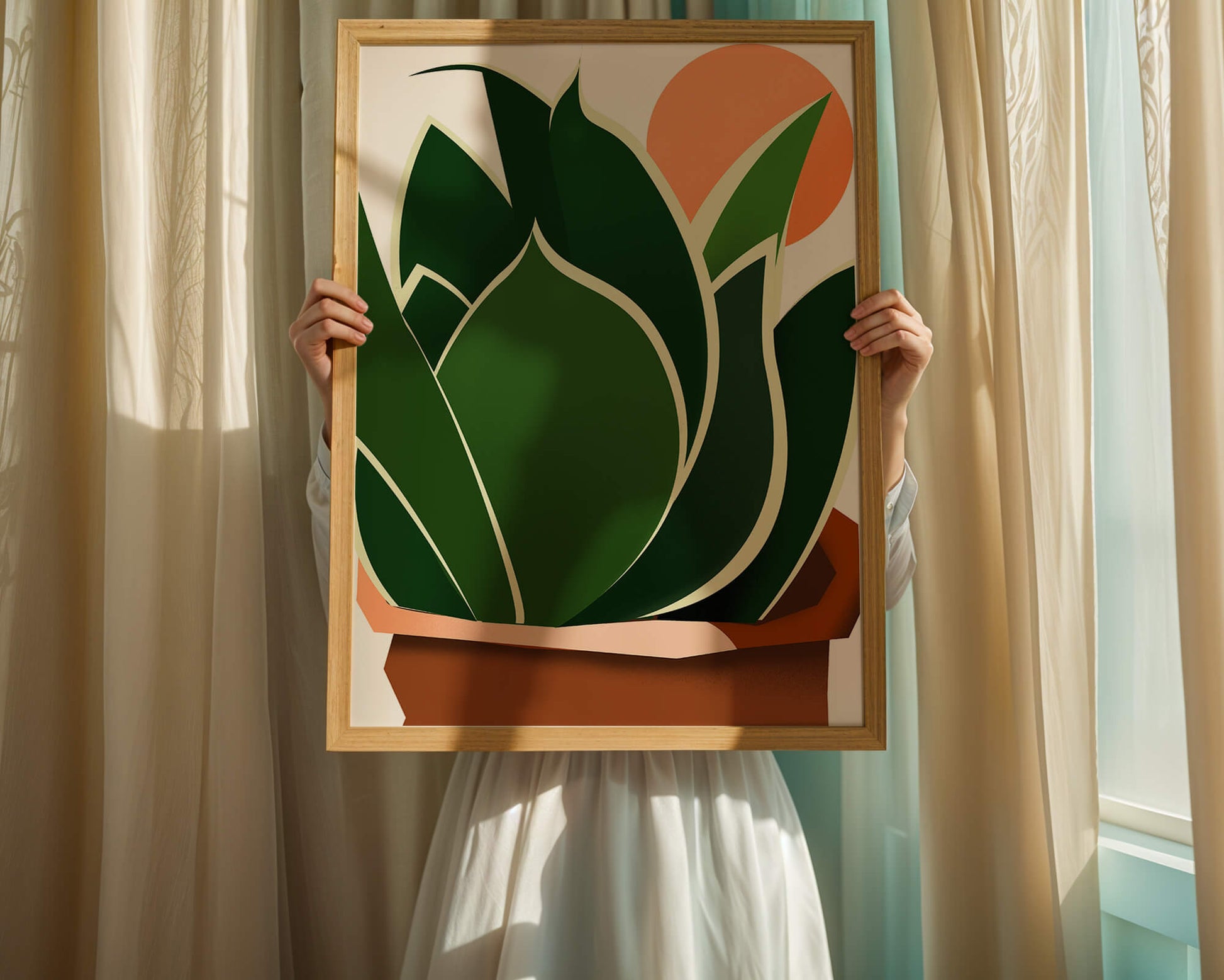 Ilustración contemporánea de una planta serpiente con fondo de amanecer
