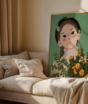 Illustration of a girl with flowers and a beret on a green background