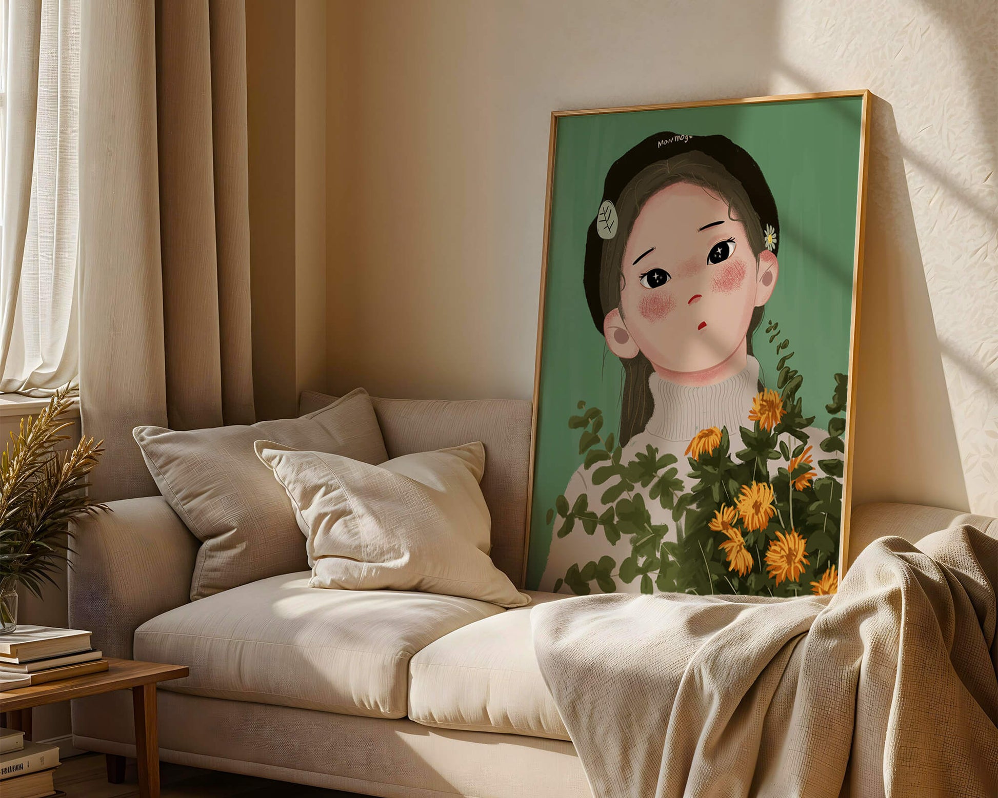 Illustration of a girl with flowers and a beret on a green background
