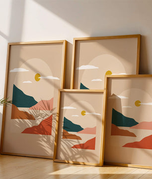 Paysage minimaliste avec montagnes et soleil