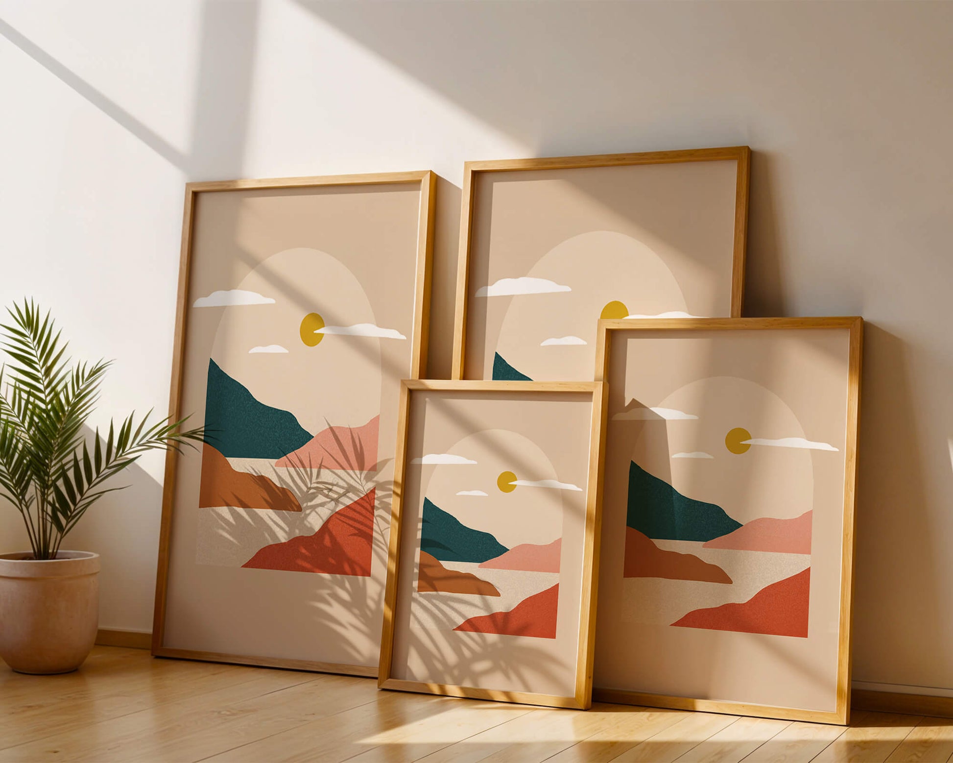 Paysage minimaliste avec montagnes et soleil