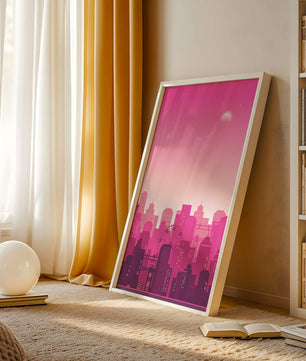 Skyline urbano al anochecer con degradado rosa y noria