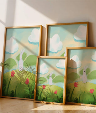 Paisaje caprichoso con conejo y flores coloridas