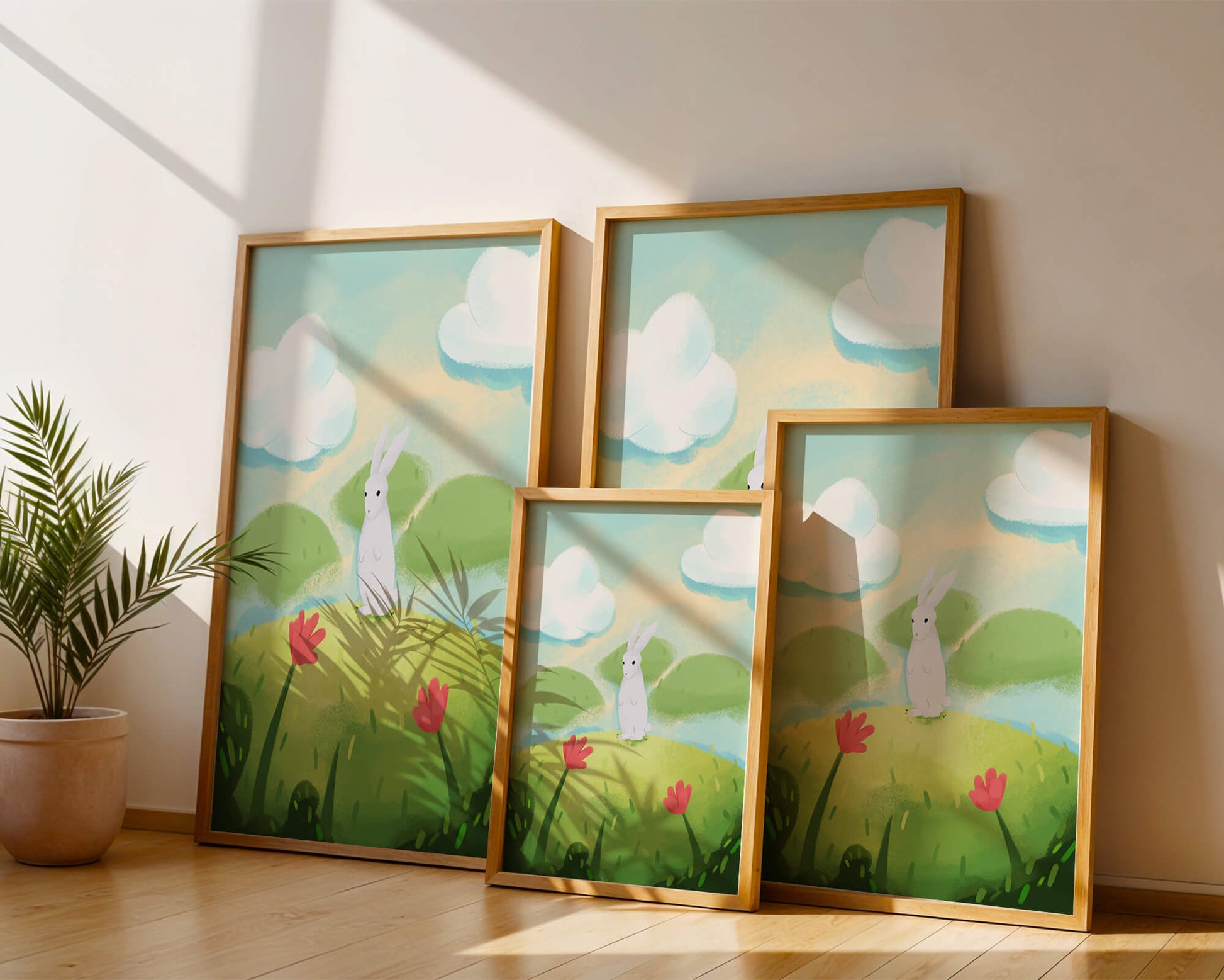 Whimsical landscape with rabbit and colorful flowers