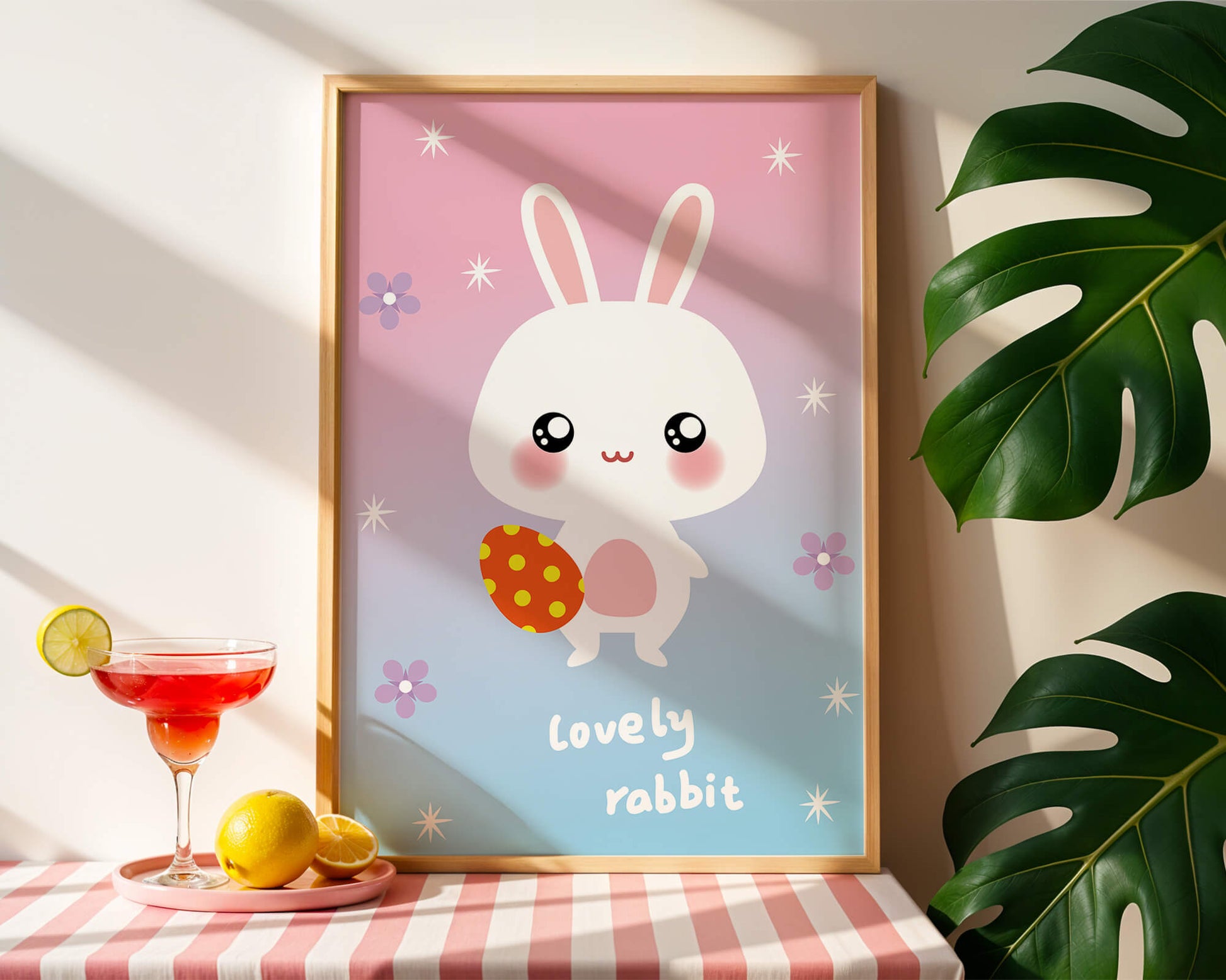 Adorable rabbit illustration with a colorful egg on a pastel background
