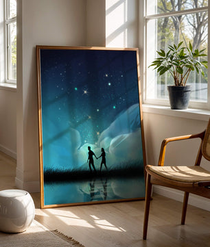 Pareja romántica paseando bajo la noche estrellada con reflejos celestiales