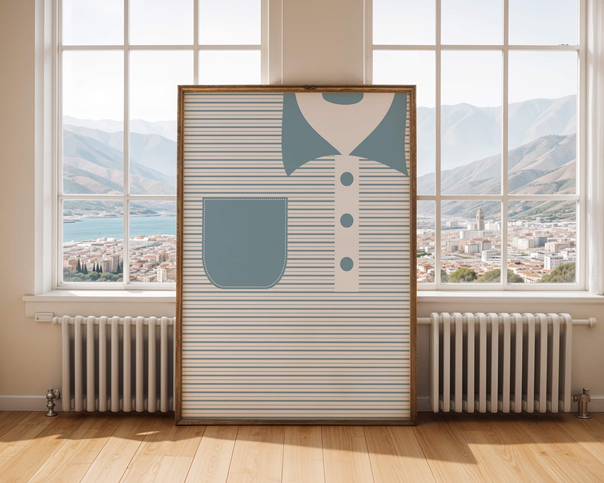 Minimalist artwork featuring striped pattern and abstract shapes