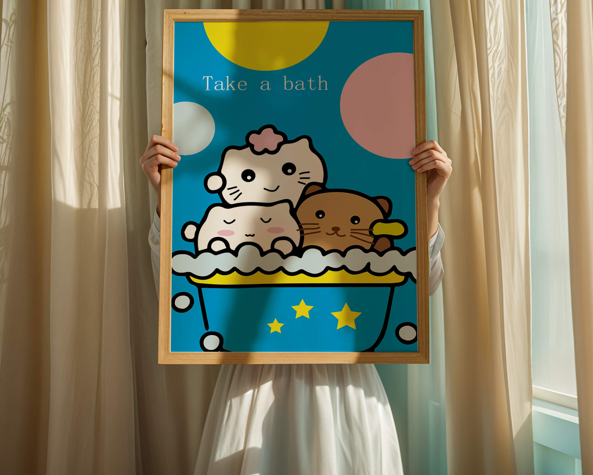 Adorable cartoon characters in a bubble bath with vibrant background